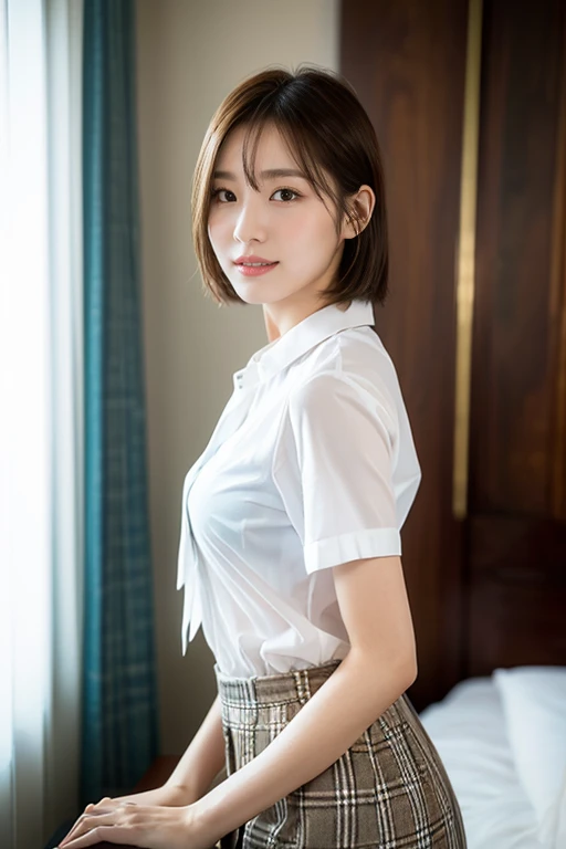 (A stunning Korean lady at night, natural poses in bedroom, wearing a traditional Serafuku, white button-down blouse, translucent short sleeves, plaid skirt, red bow-tie youthful charms, smooth complexion, beautiful detailed face, beautiful detailed eyes and lips, long eyelashes, slender figure, perfect body proportion, friendly expression, snaggle-tooth, cute dimples, kind smile, short hair, side ponytail, bob hair, a confident & poised demeanor, Looking at viewer,

Blurred background, Bokeh effect. (best quality,4k,8k,highres), (masterpiece:1.28),ultra-detailed,(realistic,photorealistic,photo-realistic:1.37),
HDR,UHD,studio lighting,ultra-fine painting,
sharp focus,physically-based rendering,extreme detail description,professional,vivid colors, SFW, Safe for Work, Cowboy Shot, Close-up Shot, High Angle Shot, head to toe, from side, from behind)