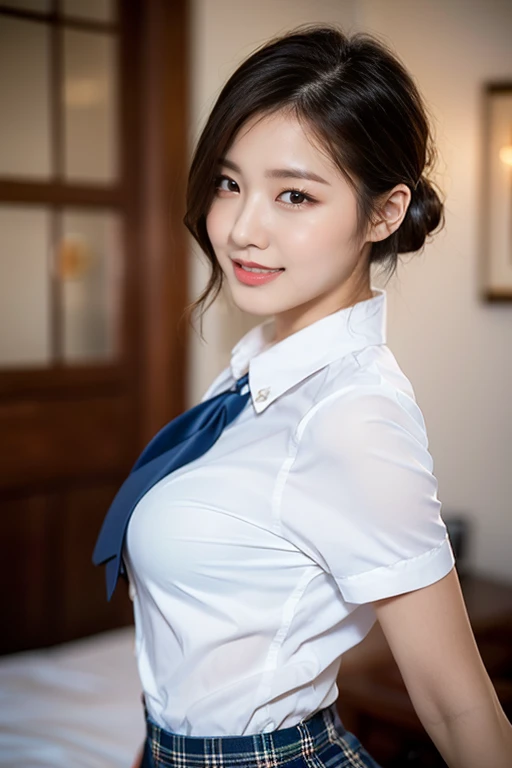 (A stunning Korean lady at night, natural poses in bedroom, wearing a traditional Serafuku, white button-down blouse, translucent short sleeves, plaid skirt, red bow-tie youthful charms, smooth complexion, beautiful detailed face, beautiful detailed eyes and lips, long eyelashes, slender figure, perfect body proportion, friendly expression, snaggle-tooth, cute dimples, kind smile, short hair, side ponytail, bob hair, a confident & poised demeanor, Looking at viewer,

Blurred background, Bokeh effect. (best quality,4k,8k,highres), (masterpiece:1.28),ultra-detailed,(realistic,photorealistic,photo-realistic:1.37),
HDR,UHD,studio lighting,ultra-fine painting,
sharp focus,physically-based rendering,extreme detail description,professional,vivid colors, SFW, Safe for Work, Cowboy Shot, Close-up Shot, High Angle Shot, head to toe, from side, from behind)