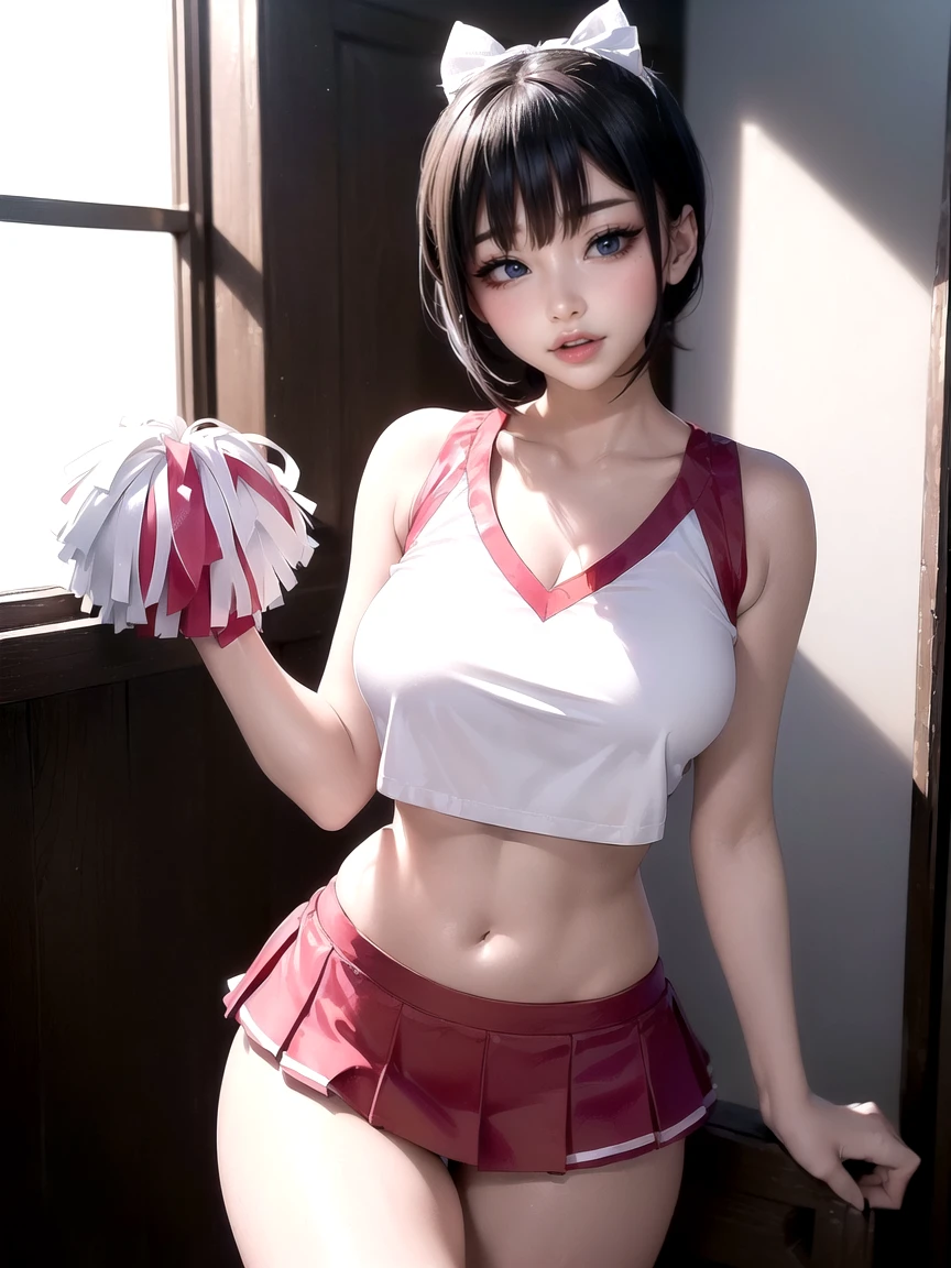 20 year old Japanese woman,((Wearing a cheerleader uniform))(非常にdetailedな肌),Curvy Hips,Beautiful big ,(Very large breasts),Pale skin,Pointed Chest,Erect nipples,(Fantasy art,Best image quality,Surreal Portraits,(8k),Ultra-realistic,最high quality, high quality, High resolution, high quality texture,Attention to detail,Beautiful details,detailed,Extremely detailed CG,detailed Texture,Realistic facial expressions,masterpiece,in front,dynamic,bold),(((short pixie cut))),(Very thin hair),(Very soft hair),(Super Straight Hair:1.5),length, sleek bangs,Very light coppery amber hair,Hair in one eye、(((Wear a cheerleader uniform))) (((sit astride a high-backed chair))) (((Sit with your chest against the backrest)))(((Excited)))(((Put your hand inside your panties and masturbate:1.5))) (((The lines of the body are clearly visible)))、(((Depiction of beautiful fingers))) (((Beautiful body depiction))) (((Sit with your legs apart)))、(((Full body photo)))、(((Low angle photo)))、(((Correct ankle orientation)))(((Correct number of legs)))
