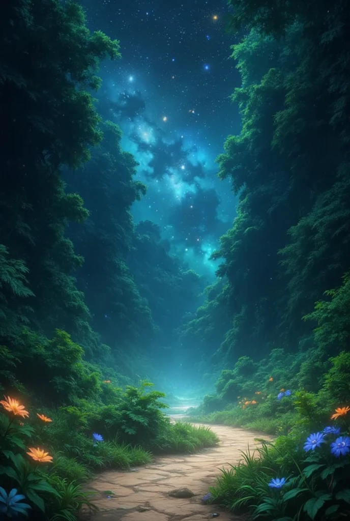 A magical starlit pathway in a tranquil forest, illuminated by twinkling stars above, surrounded by lush greenery and soft glowing flowers, creating an ethereal atmosphere, fantasy art style,masterpiece,best quality,ultra detailed,8k portrait,unity 8k wallpaper,super fine illustration,very detailed background,highly detailed background