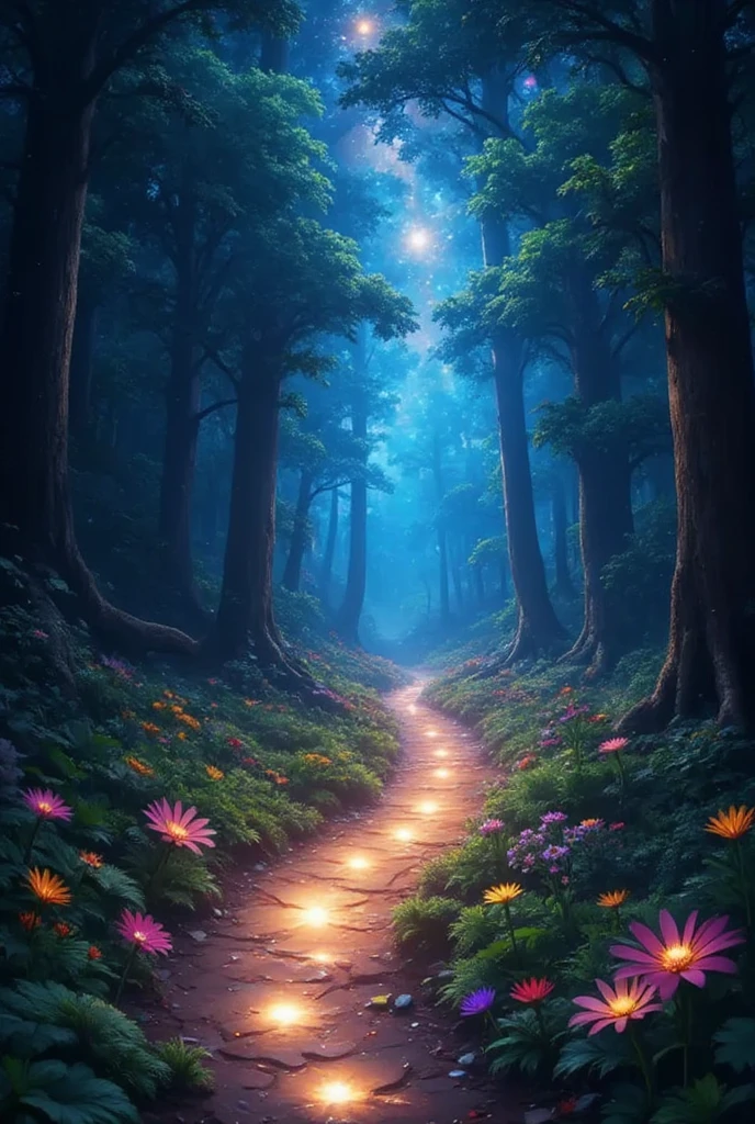 A magical starlit pathway in a tranquil forest, illuminated by twinkling stars above, surrounded by lush greenery and soft glowing flowers, creating an ethereal atmosphere, fantasy art style,masterpiece,best quality,ultra detailed,8k portrait,unity 8k wallpaper,super fine illustration,very detailed background,highly detailed background