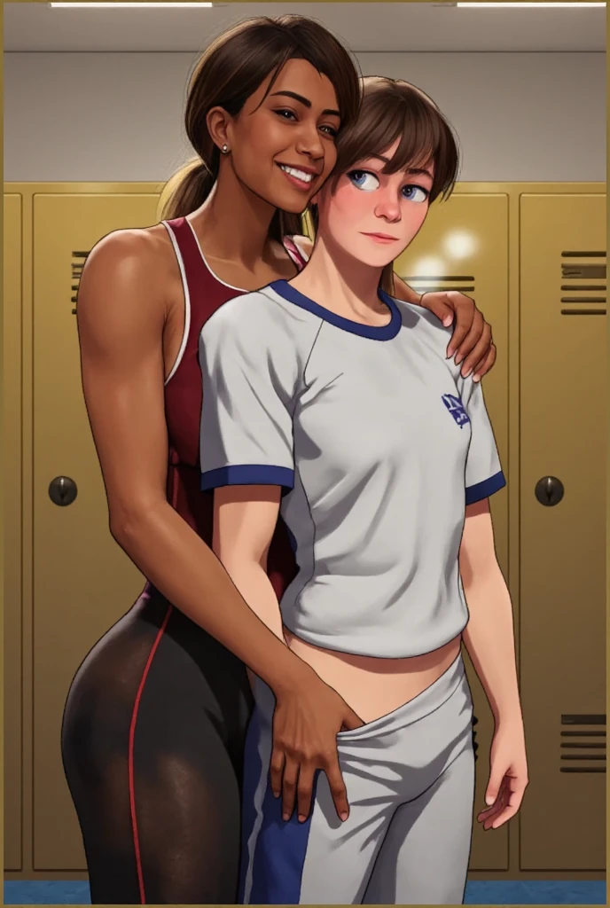 score_9, score_8_up, score_7_up, source_cartoon BREAK Locker room, 1girl in background, 1boy in foreground hard dick bulge in pants, beautiful latina female, hand on another's shoulder, standing, large breasts, blush, smile, embarrassed, size difference, sexy female, dark skined female, sports wear, short male, sweat, heavy breathing, fdom_rfb, eyl_dom, rating_questionable,



