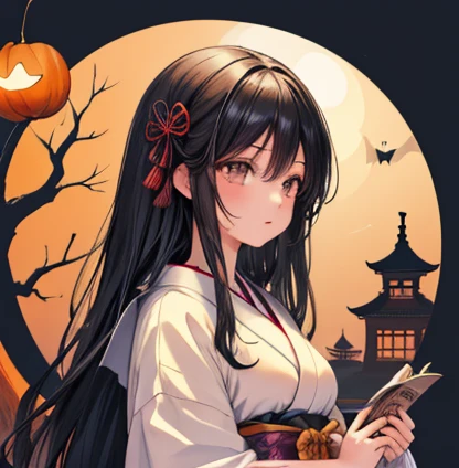 Illustration Wallpaper ，((Best Quality)), ((masterpiece)), (  Details),     1 girl,    BEAUTIFUL GIRLS、 Japanese， long black hair   ,   Halloween  ，
