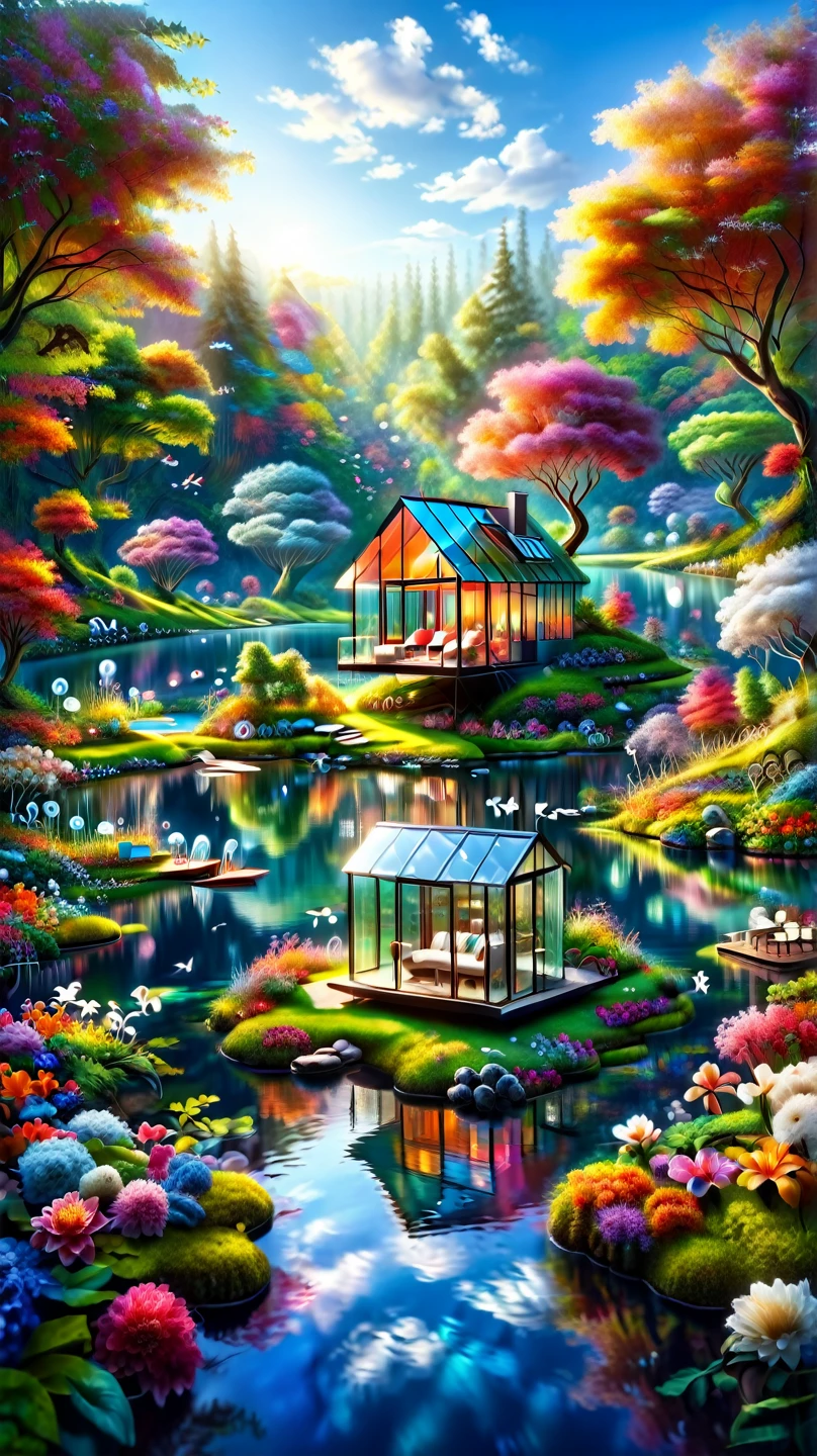  High image quality like live action　 luxury furniture in a miniature glass house, , Floating on the lake , Scenic, colorful,