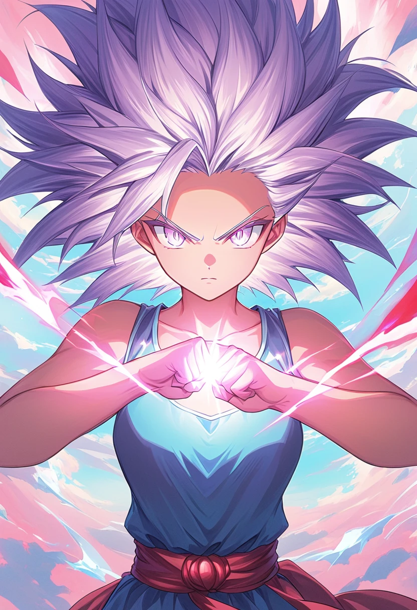 ((pastel、Fantasy))、 one woman,Detailed picture,Spiky hair, see here , shows fists ,Red aura,Light emits ,Shine, Super Saiyan-like aura