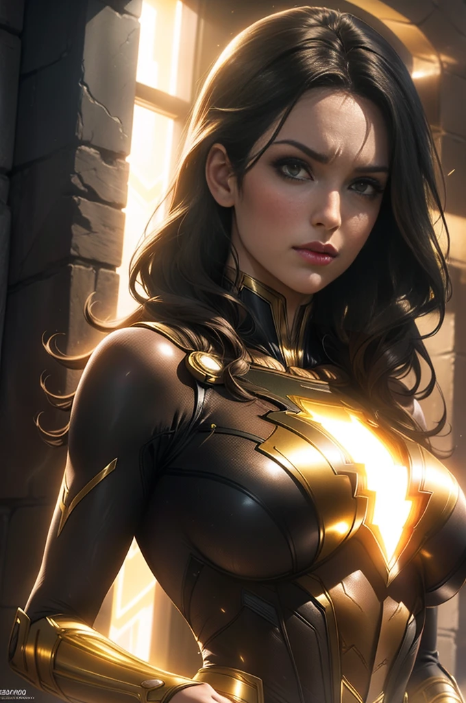 Mary marvel, (masterpiece, 4k resolution, Ultra-realistic,  very detailed )  (DC comics),  big boobs, glistening skin, ,  natural lighting , full defined lips.  female physical form body .  in the style of realism  , glistening skin, ,  natural lighting , full defined lips.   female physical form body 