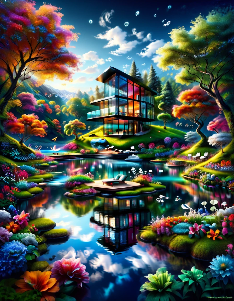  High image quality　 luxury furniture in a miniature glass house, Jet black background, Floating on the lake , Scenic, colorful,