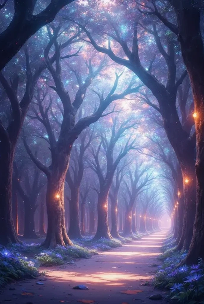 A serene alleyway lined with crystalline trees, sparkling under a soft light, creating an enchanting atmosphere. The ground is covered in a gentle mist, and the branches of the trees glisten like diamonds, casting colorful reflections. The scene evokes a sense of tranquility and wonder, perfect for a fantasy setting. , creating an ethereal atmosphere, masterpiece,best quality,ultra detailed,8k portrait,unity 8k wallpaper,super fine illustration,very detailed background,highly detailed background