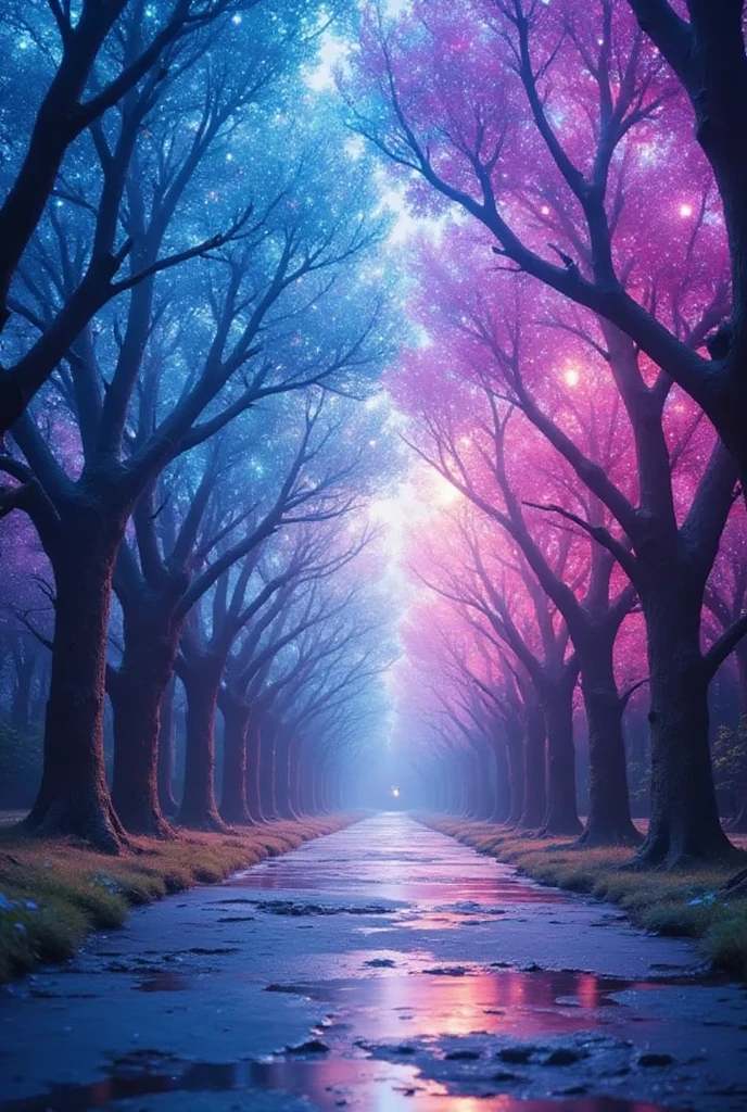 A serene alleyway lined with crystalline trees, sparkling under a soft light, creating an enchanting atmosphere. The ground is covered in a gentle mist, and the branches of the trees glisten like diamonds, casting colorful reflections. The scene evokes a sense of tranquility and wonder, perfect for a fantasy setting. , creating an ethereal atmosphere, masterpiece,best quality,ultra detailed,8k portrait,unity 8k wallpaper,super fine illustration,very detailed background,highly detailed background