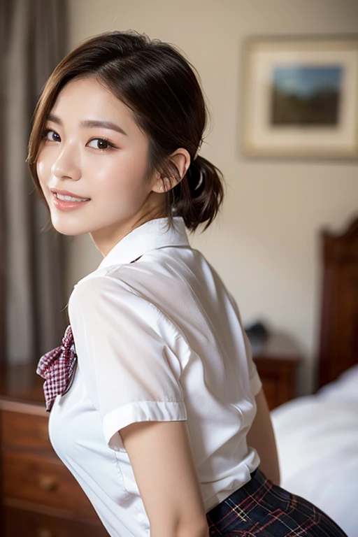 (A stunning Korean lady at night, natural poses in bedroom, wearing a traditional Serafuku, white button-down blouse, translucent short sleeves, plaid skirt, red bow-tie youthful charms, smooth complexion, beautiful detailed face, beautiful detailed eyes and lips, long eyelashes, slender figure, perfect body proportion, friendly expression, snaggle-tooth, cute dimples, kind smile, short hair, side ponytail, bob hair, a confident & poised demeanor, Looking at viewer,

Blurred background, Bokeh effect. (best quality,4k,8k,highres), (masterpiece:1.28),ultra-detailed,(realistic,photorealistic,photo-realistic:1.37),
HDR,UHD,studio lighting,ultra-fine painting,
sharp focus,physically-based rendering,extreme detail description,professional,vivid colors, SFW, Safe for Work, Cowboy Shot, Close-up Shot, High Angle Shot, head to toe, from behind)