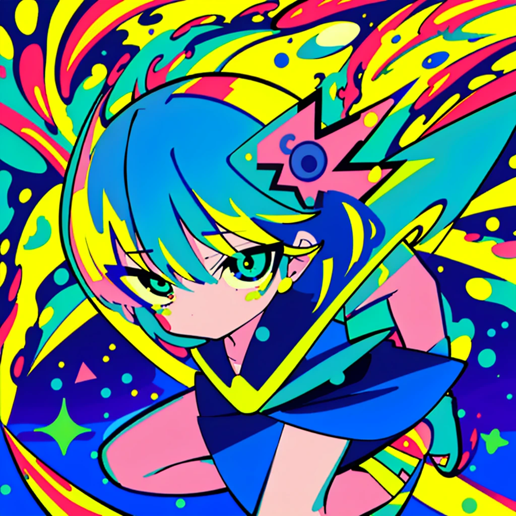 1girl,Star Fairy、Geometric patterns、Abstract Painting、(The best composition、Super detailed、Best Quality、 masterpiece、Ultra High Resolution, detailed background),((2D)),(( Vivid Color )),((colorful)),((colorfulな🌊のフラクタルアート)),fluid、Mural Art、Spray art、