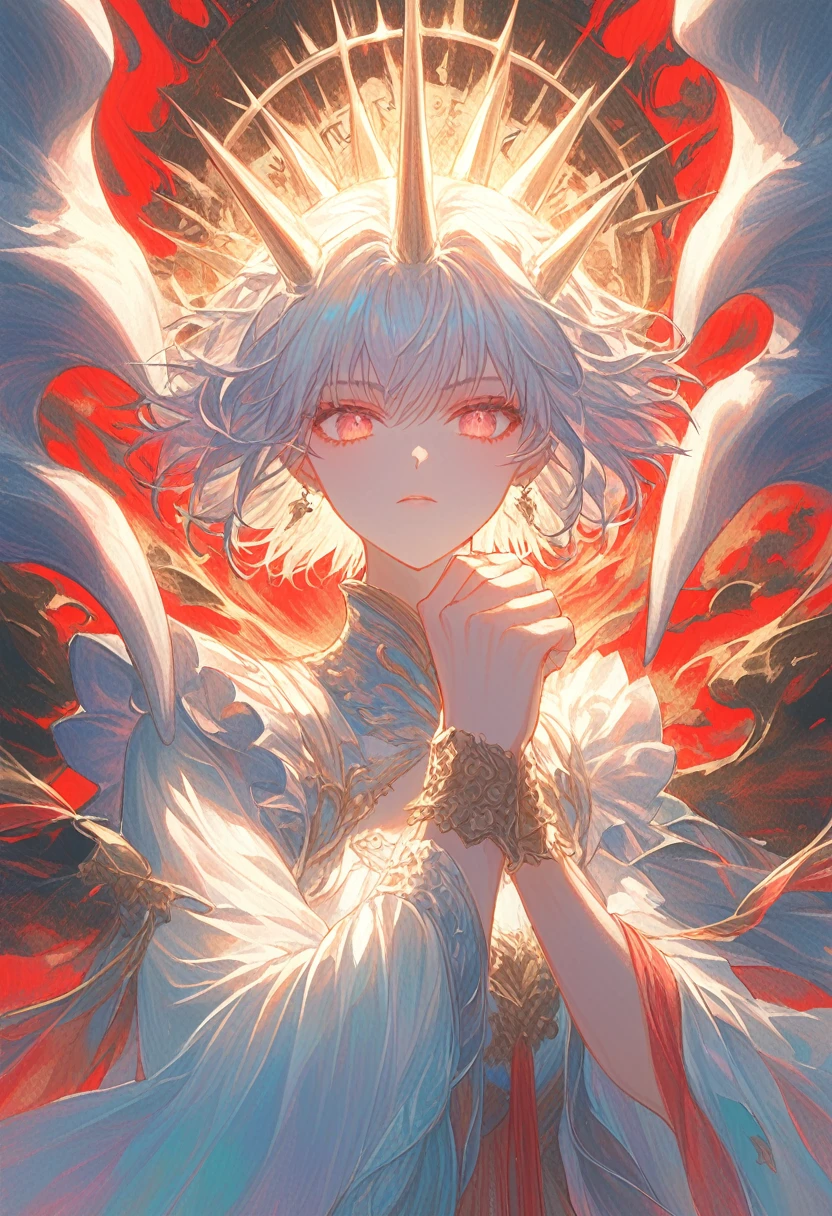 ((pastel、Fantasy))、 one woman,Detailed picture,Spiky hair, illustration where they are five tall and show off their , see here ,Lady hand, shows fists ,Red aura,Light emits ,Shine,