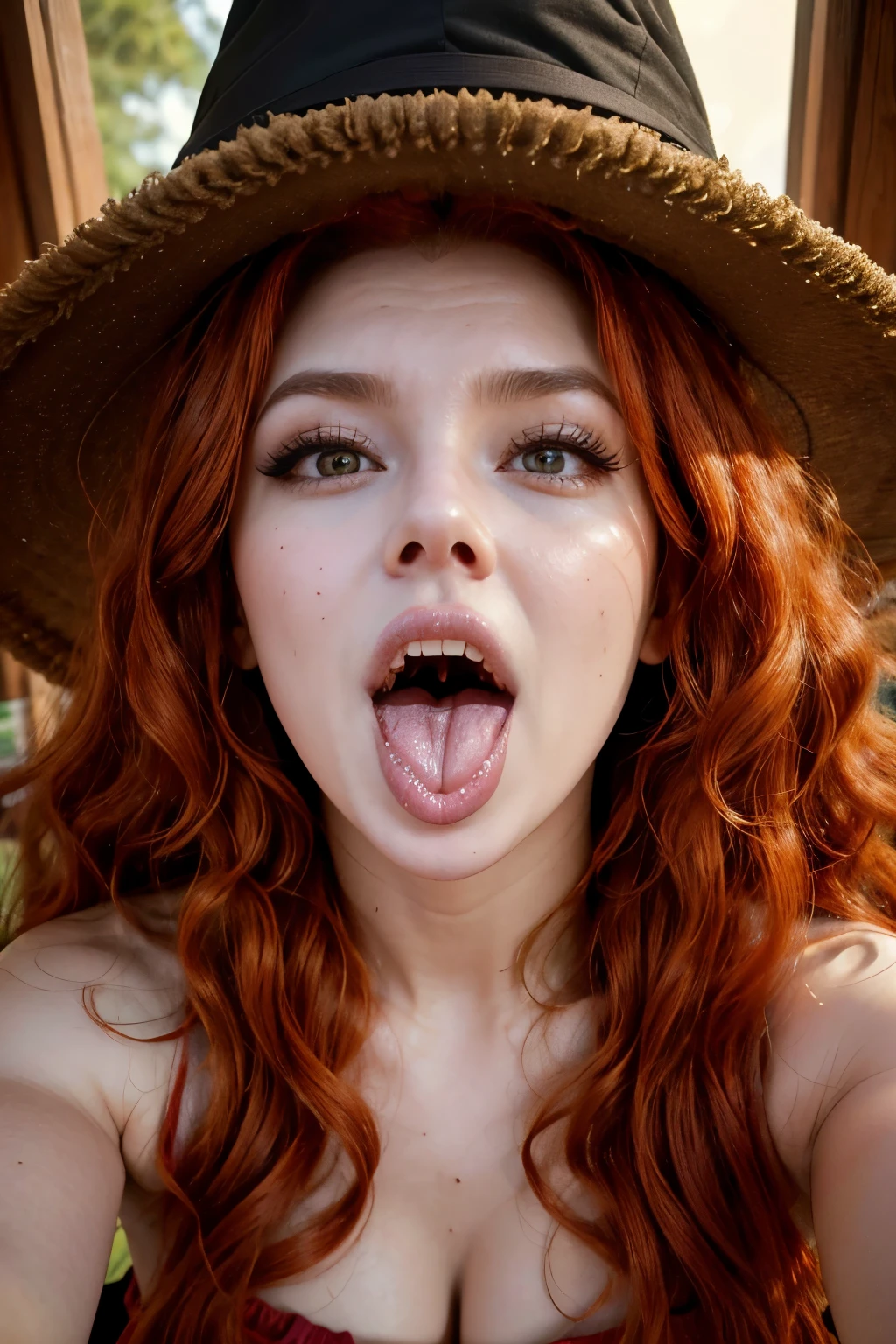  Redheaded woman with curly hair, curly hair, witch hat, opening the mouth, top view, were, throw, Closeup on the face, were throw, head up, open mouth,  tongue out , focus on the mouth, engolindo throw