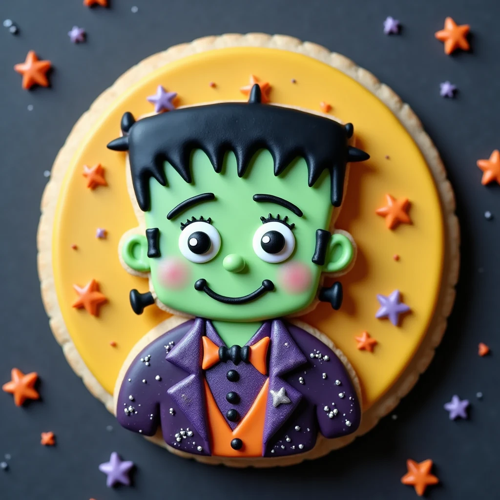 (masterpiece, best quality:1.2),Halloween icing cookie,Frankenstein, icon,star,moon,Halloween Background,POP,cute