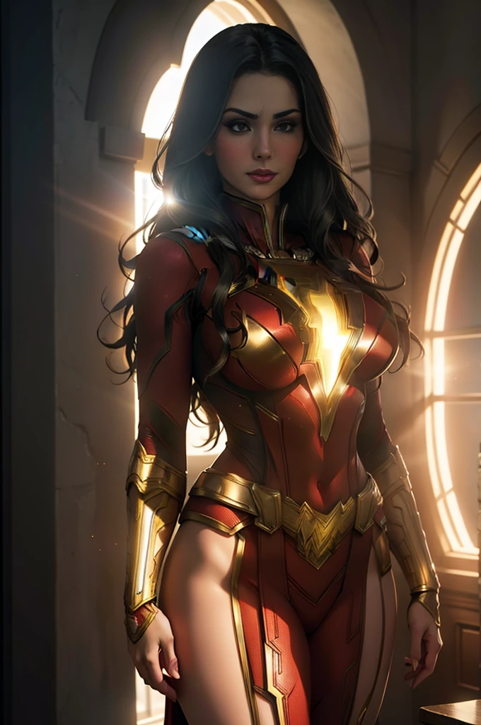 sensual pose, Mary marvel, (masterpiece, 4k resolution, Ultra-realistic,  very detailed ) , uniforme do Shazam, (DC comics), glistening skin, ,  natural lighting , full defined lips.  female physical form body ,  big boobs, athletic body, glistening skin, ,  natural lighting , full defined lips.   female physical form body 