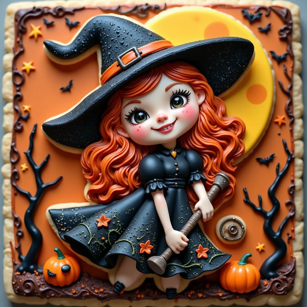 (masterpiece, best quality:1.2), icing cookie, Halloween, witch girl caricature, icon,star,moon,Halloween Background,POP,cute