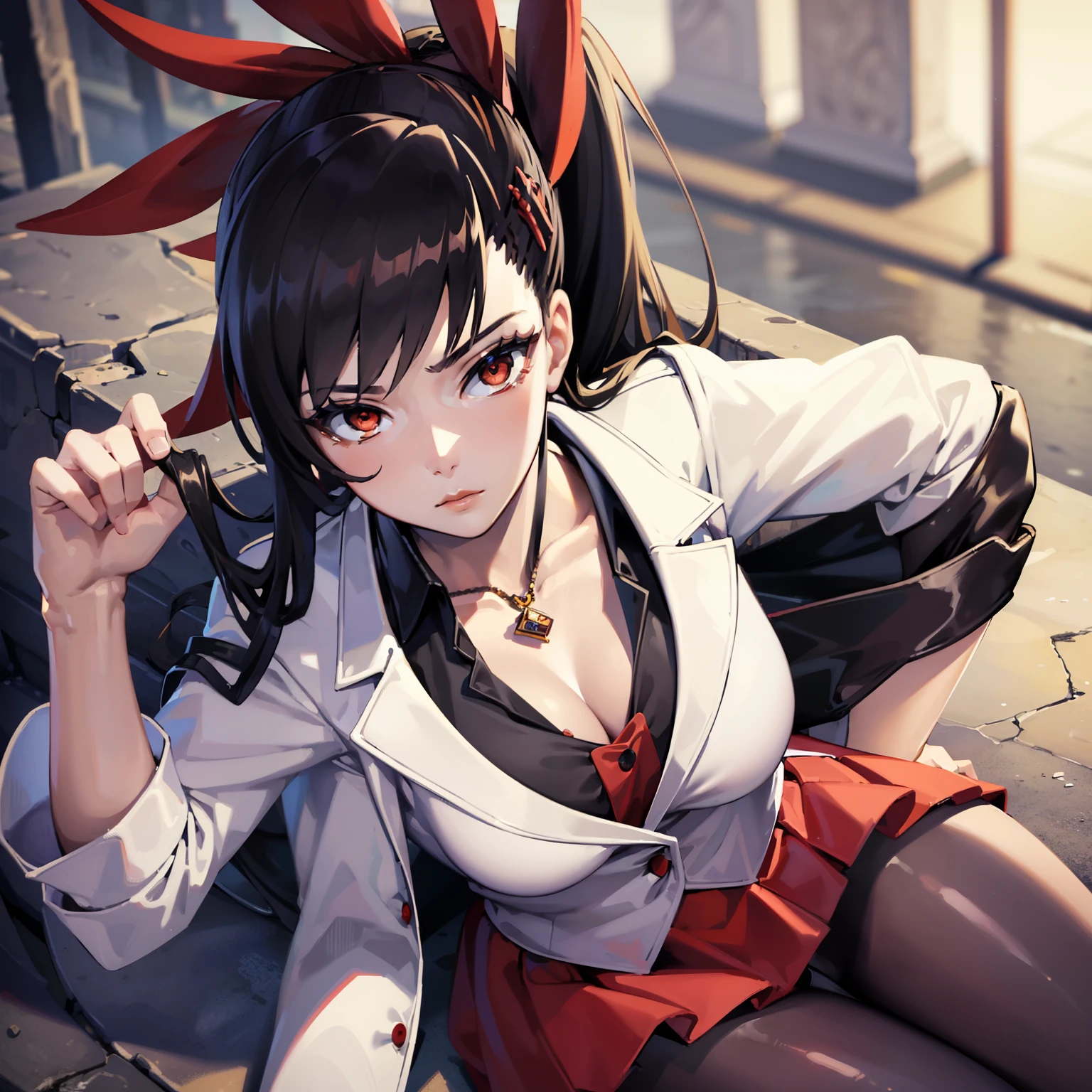 (masterpiece, best quality),   intricate details , 8k,  wallpaper, official art, arte splash, sharp focus,  a girl, Ha Yuri Zahard , Detailed face, perfect eyes, white jacket, black shirt, gravata, red skirt,  ponytail ,  hair ribbon , pantyhose, closed jacket,  doing a sensual pose 