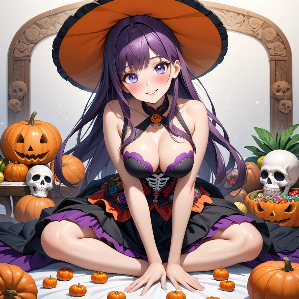 Masterpiece, 4K, HDR, full HD, (best quality), (ultra detailed), (only), intricate ANIME TYPE, best quality, 1girl, deep purple hair , hyper beautiful face, purple hair, perfect anatomy, shiny skin, full body, alone (shiny purple hair, long hair), looking at viewer, perfect hands, perfect legs, super detailed clothes, intricate clothes, hyper detailed cloths, super detailed face, super detailed skin, super detailed quality, expressive eyes, blue eyes, super detailed eyes, JK, epngekatsuragimisato ,  SDXL Illustration Design Beautiful Girl Two-dimensional Pretty Girl Digital Painting Comic Ukiyo-e Watercolor Manga Other,rw, smile, blushing, random posture, random position, American shot, cowboy shot, portrait quality, red lipstick, The atmosphere is celebrating "Day of the Dead" in Mexico, there is an altar with food and fruits, outfit of halloween witch´s,