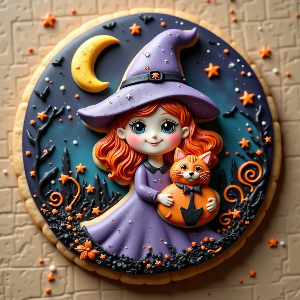 (masterpiece, best quality:1.2), Halloween icing cookie, witch with a cat, icon,star,moon,Halloween Background,POP,cute