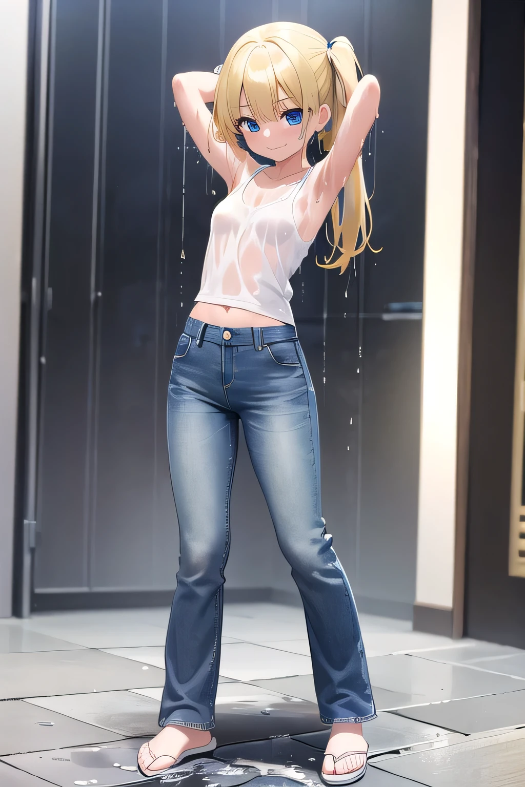peeing self, pee stains, light blue jeans, young woman, blonde