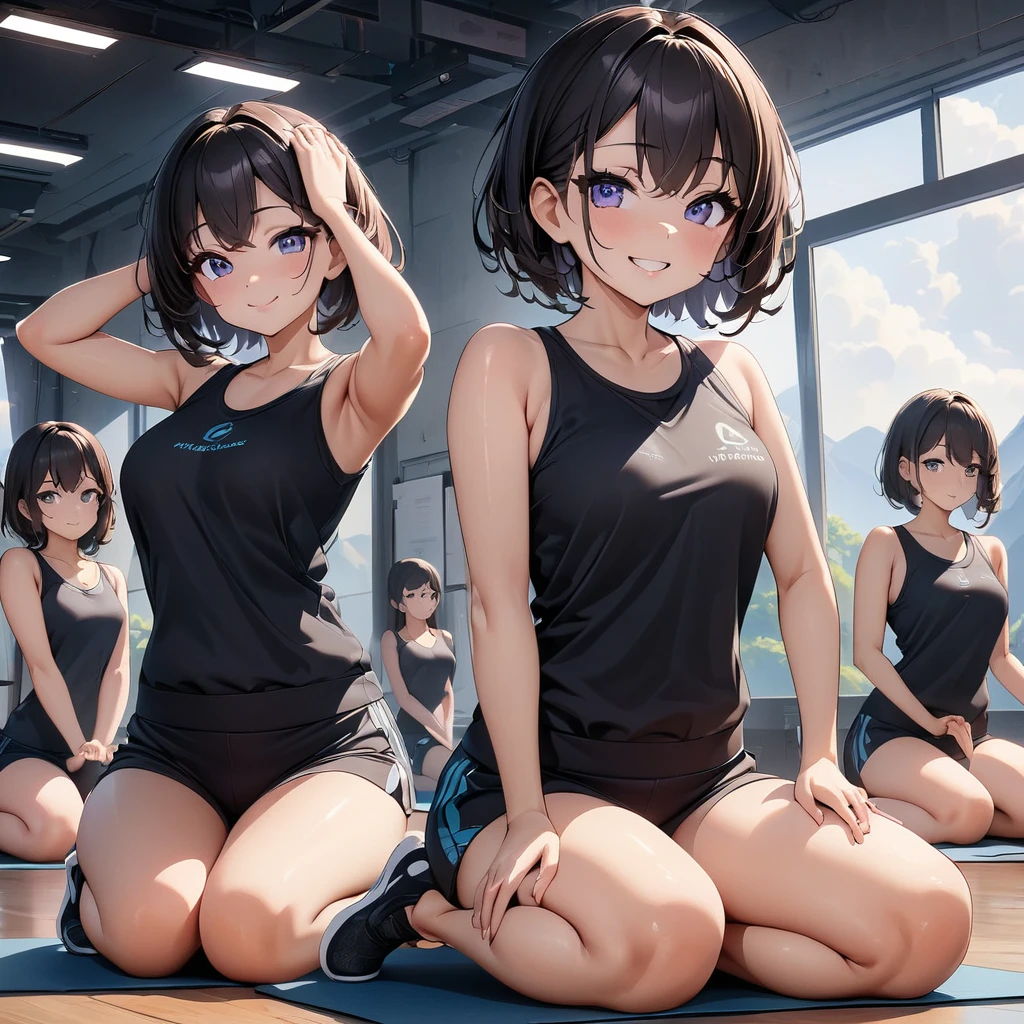 japanese animestyle,(Best Quality,4K, High Resolution ,masterpiece:1.2), very detailed,(whole body, I Can See Your Feet and Shoes: 1.2),An anime-style illustration set in a yoga studio, showing a group of students practicing yoga alongside their instructor. The setting includes a mirrored wall that reflects the participants' poses, allowing them to observe their movements and posture. The instructor, calm and focused, guides the students through their training with precision and grace. The atmosphere is peaceful and encouraging, emphasizing the focus and dedication in each person’s expression. The mirrored reflections add depth and realism to the scene, enhancing the immersive environment of the yoga class,beautiful woman、28 years old,verycuteAngel , smile,correct anatomy , Correct limbs, Plump lips, Extremely accurate details, Extremely detailed 8k wallpaper , very nice 8KCG wallpaper, top-quality detail, perfect eyes,