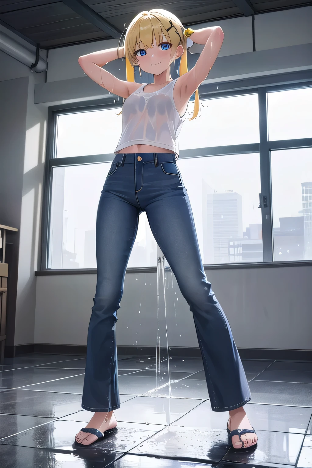 ((best quality, masterpiece:1.3, 8K)), (detailed), highly detailed face and skin texture, detailed eyes, downtown, rain. raining, in the rain, full body,  pose, slender body, 1girl, 25 years old, white skin, blue eyes, bright lips,  smile, blonde hair, straight hair, very long hair, wet hair, (forehead:1.0), white croptop, hard , jeans pants, flares jeans, blue jeans, black heels, soaking wet clothes,