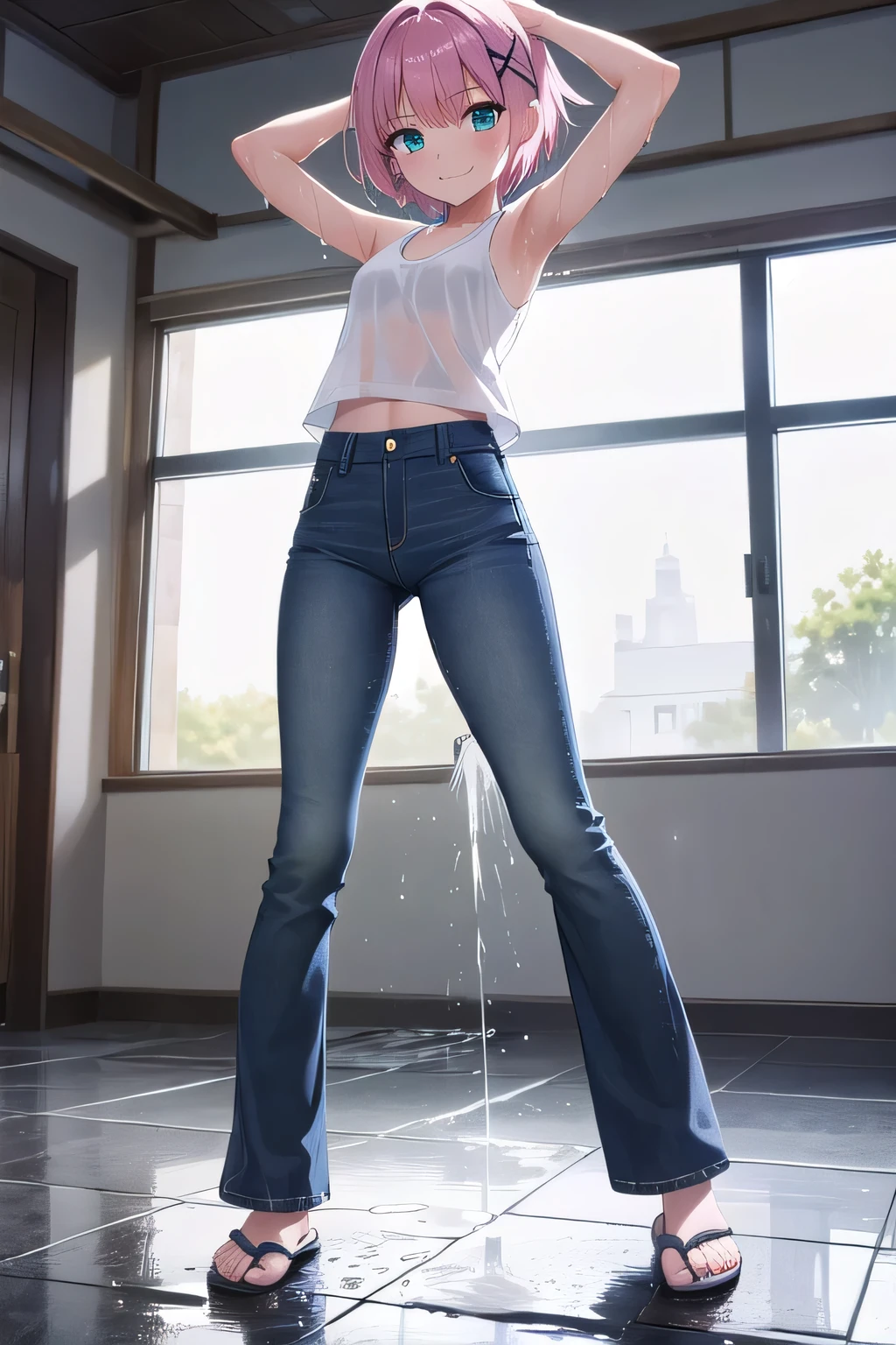 masterpiece, best quality, high resolution, 3girls, 20 years old, (blue jeans pants), full body, blush, worried, park, (((((((pee stain)))))))