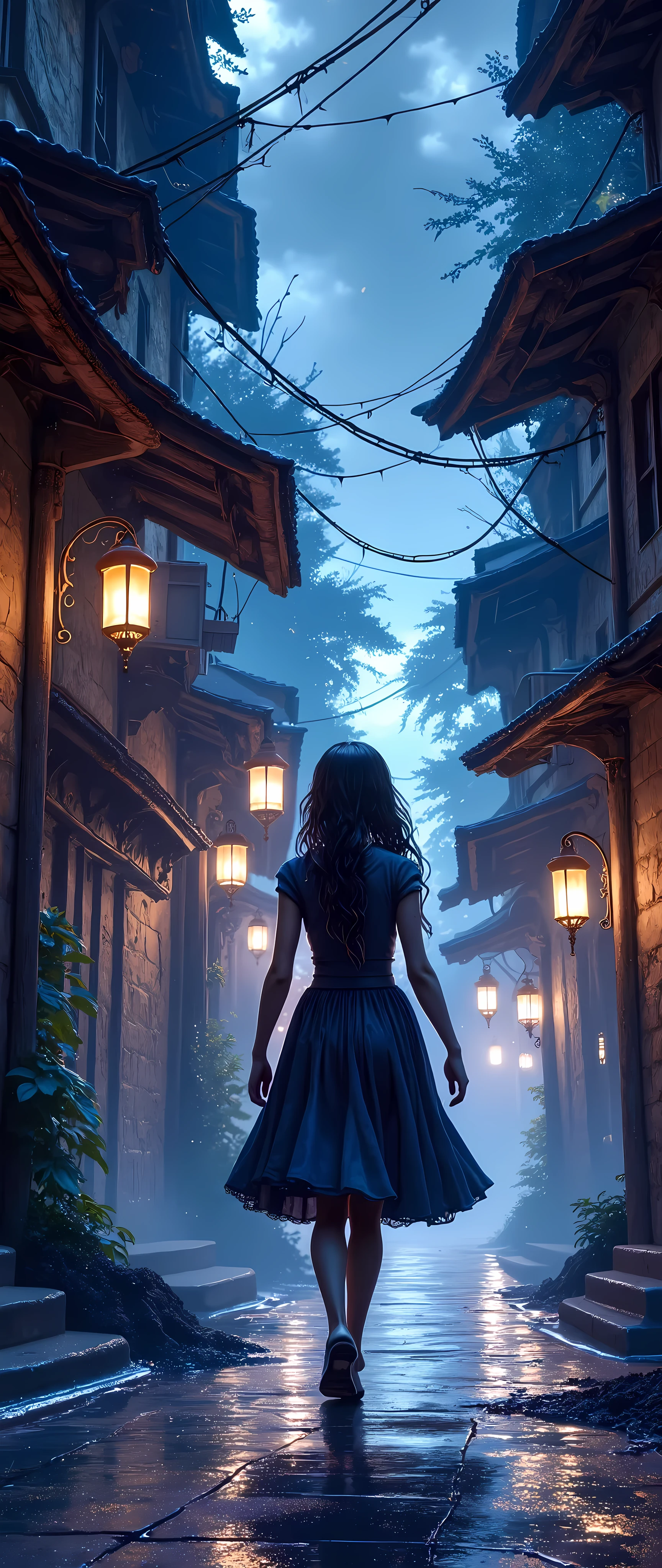 a mysterious alley in a fantasy world, a girl walking alone, moonlight, neon lights, lanterns, glistening rain puddles, detailed architecture, cobblestone streets, eerie atmosphere, cinematic lighting, vibrant colors, dramatic shadows, mysterious and moody, (best quality, 4k, 8k, highres, masterpiece:1.2), ultra-detailed, (realistic, photorealistic, photo-realistic:1.37), intricate details, dramatic angles, moody tones, cinematic composition, dark fantasy, atmospheric, beautiful detailed eyes, beautiful detailed lips, extremely detailed eyes and face, long eyelashes, 1girl