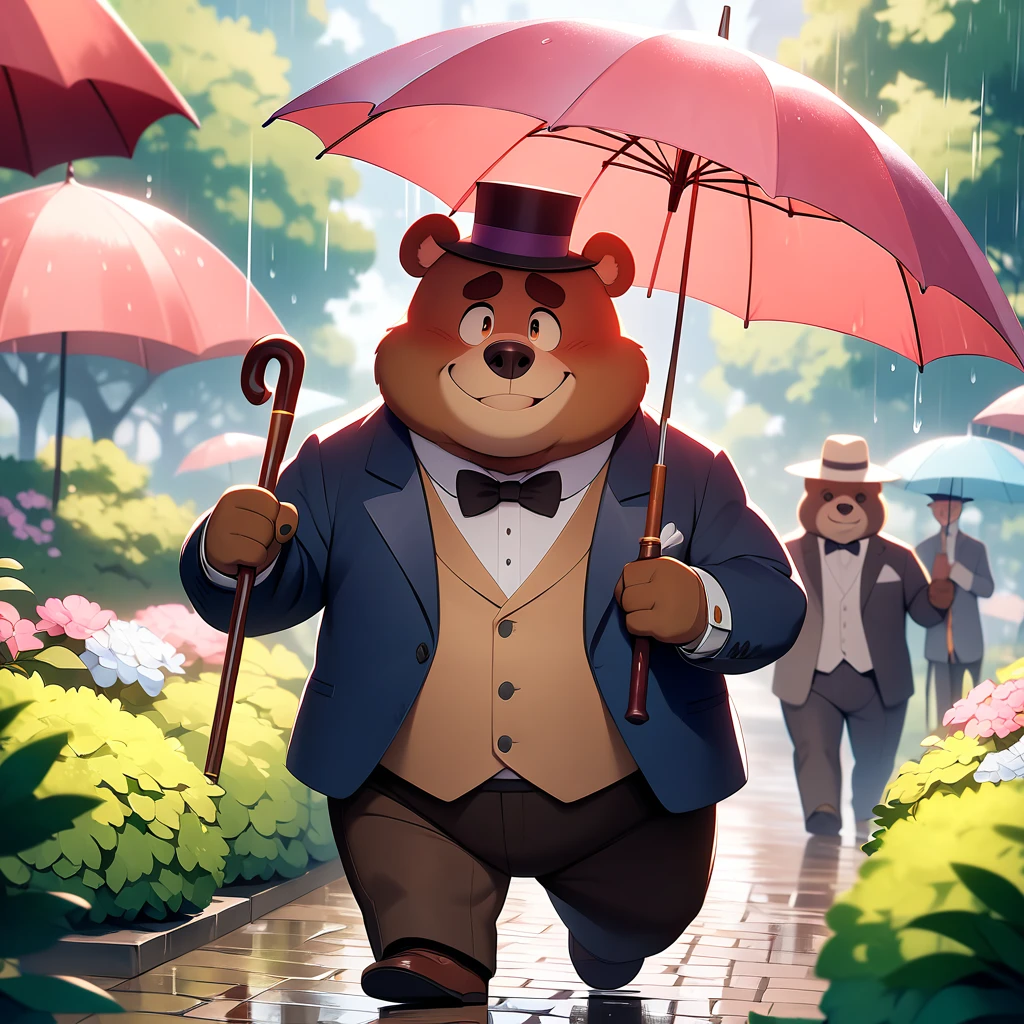  Dynamic Angle, gentleman, Overweight middle-aged bear man,  silk hat, Walking Cane , A light smile, Take a walk,  Brown Eyes , Male face, Big Face, Male Eyes , Sharp Eye, Big Eyes, Male eyebrows,  Innocent Expression , Flexible body, English Garden、Rain,Put up an umbrella, masterpiece,  best quality,  so beautiful, Absurd,( pulls out his penis 、Ass cheeks sex）