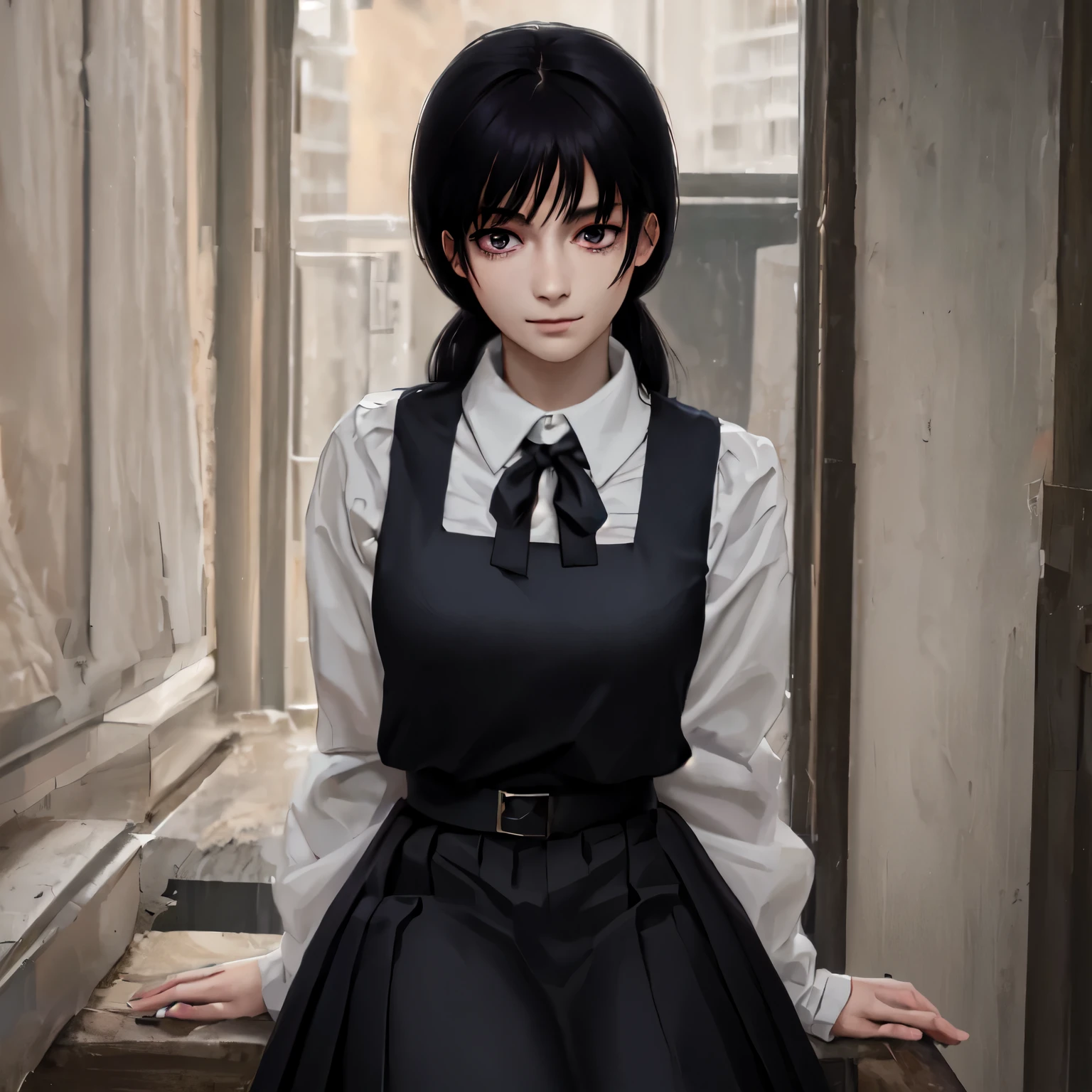 (masterpiece, high quality, best quality, official art, beautiful and aesthetic:1.2), ( a girl:1.3), extremely detailed,  visually stunning , escuro bonito, emotional dark,  a girl, Alone,  looking at the viewer ,  shy smile ,  arms behind the back, work_flores, Black Hair, preto ribbon, apron dress , manga, anime, preto apron dress ,  brown eyes, portrait,