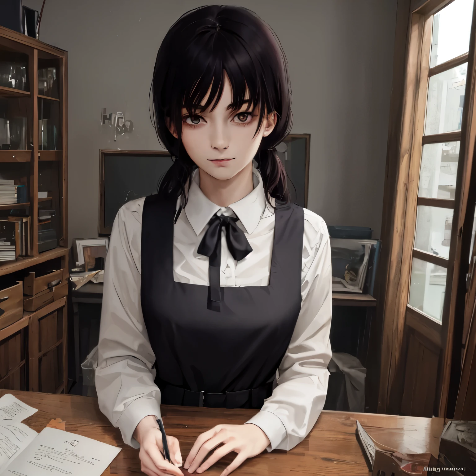 (masterpiece, high quality, best quality, official art, beautiful and aesthetic:1.2), ( a girl:1.3), extremely detailed,  visually stunning , escuro bonito, emotional dark,  a girl, Alone,  looking at the viewer ,  shy smile ,  arms behind the back, work_flores, Black Hair, preto ribbon, apron dress , manga, anime, preto apron dress ,  brown eyes, portrait,