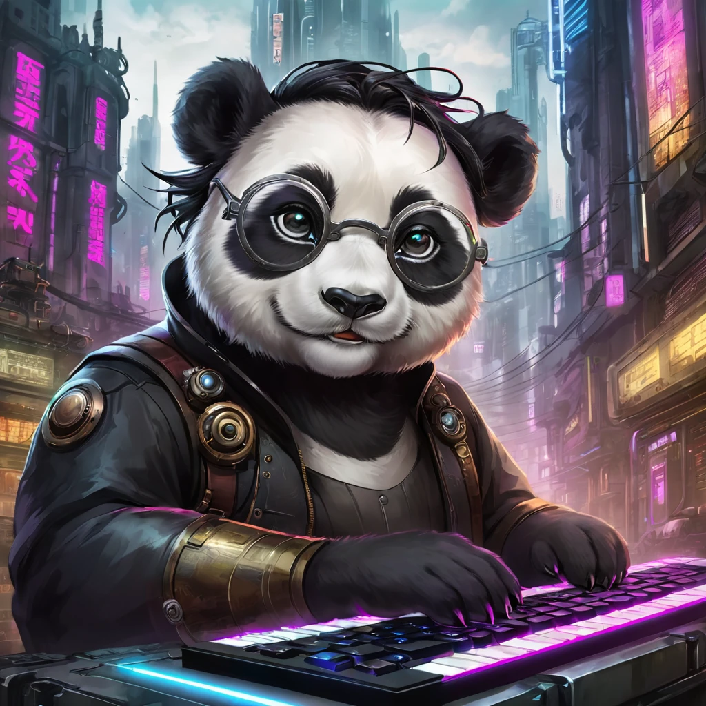 A panda, small ears，Hair is black and white，cyberpunk city backgroundGiant panda with round eyes, holding keyboard and wearing glasses, steampunk city background,