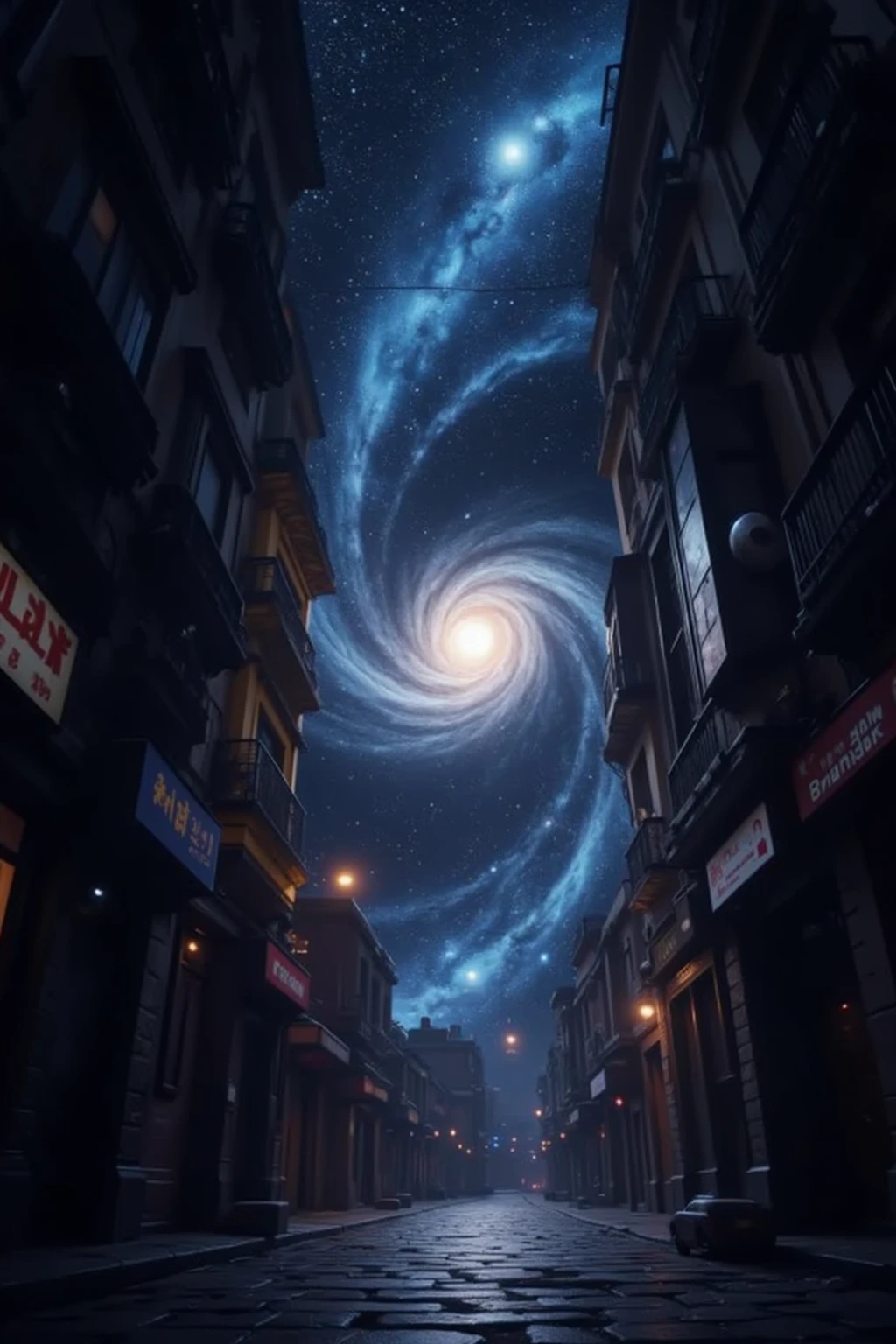 A breathtaking view of a supermassive black hole at the center of a dark alley, with swirling cosmic gases and stars being drawn into it. The alley is dimly lit, with wet cobblestones reflecting the faint light, and shadows creeping along the walls. The contrast between the cosmic phenomenon and the urban setting creates a surreal atmosphere. 、supermassive black hole, alley, cosmic, dark, surreal, urban, night, explore the vibrant streets.、masterpiece,best quality,ultra detailed,8k portrait,unity 8k wallpaper,super fine illustration,very detailed background,highly detailed background