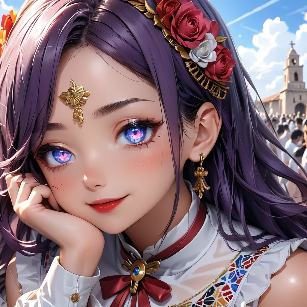 Masterpiece, 4K, HDR, full HD, (best quality), (ultra detailed), (only), intricate ANIME TYPE, best quality, 1girl, deep purple hair , hyper beautiful face, purple hair, perfect anatomy, shiny skin, full body, alone (shiny purple hair, long hair), looking at viewer, perfect hands, perfect legs, super detailed clothes, intricate clothes, hyper detailed cloths, super detailed face, super detailed skin, super detailed quality, expressive eyes, blue eyes, super detailed eyes, JK, epngekatsuragimisato ,  SDXL Illustration Design Beautiful Girl Two-dimensional Pretty Girl Digital Painting Comic Ukiyo-e Watercolor Manga Other,rw, smile, blushing, random posture, random position, American shot, cowboy shot, portrait quality, red lipstick, The atmosphere is celebrating "Day of the Dead" in Mexico, there is an altar with food and fruits, 