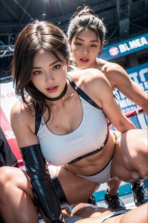 Beautiful Indonesian woman, (25 years old), (((naked))), (MMA gloves), fit body, ((big breasts)), (muscles:1.1), black shorts, athletic feminine body, female fitness model body, fighting arena in the background, masterpiece, perfect lighting, uhd, 8k, (oiled body), hard toned feminine body, long ponytail hair.