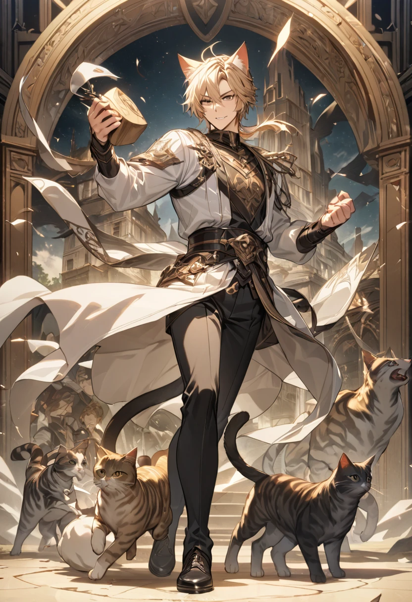 masterpiece, best quality,{{{masterpiece}}}, {{{best quality}}}, {{ultra-detailed}}, {illustration},  An anime man who is particular about every detail,  Handsome Man , anatomically accurate ,whole body, One Man,Young Man with Cat Ears ,tail,Beautiful Knight,battle,front,  top rated on pixiv