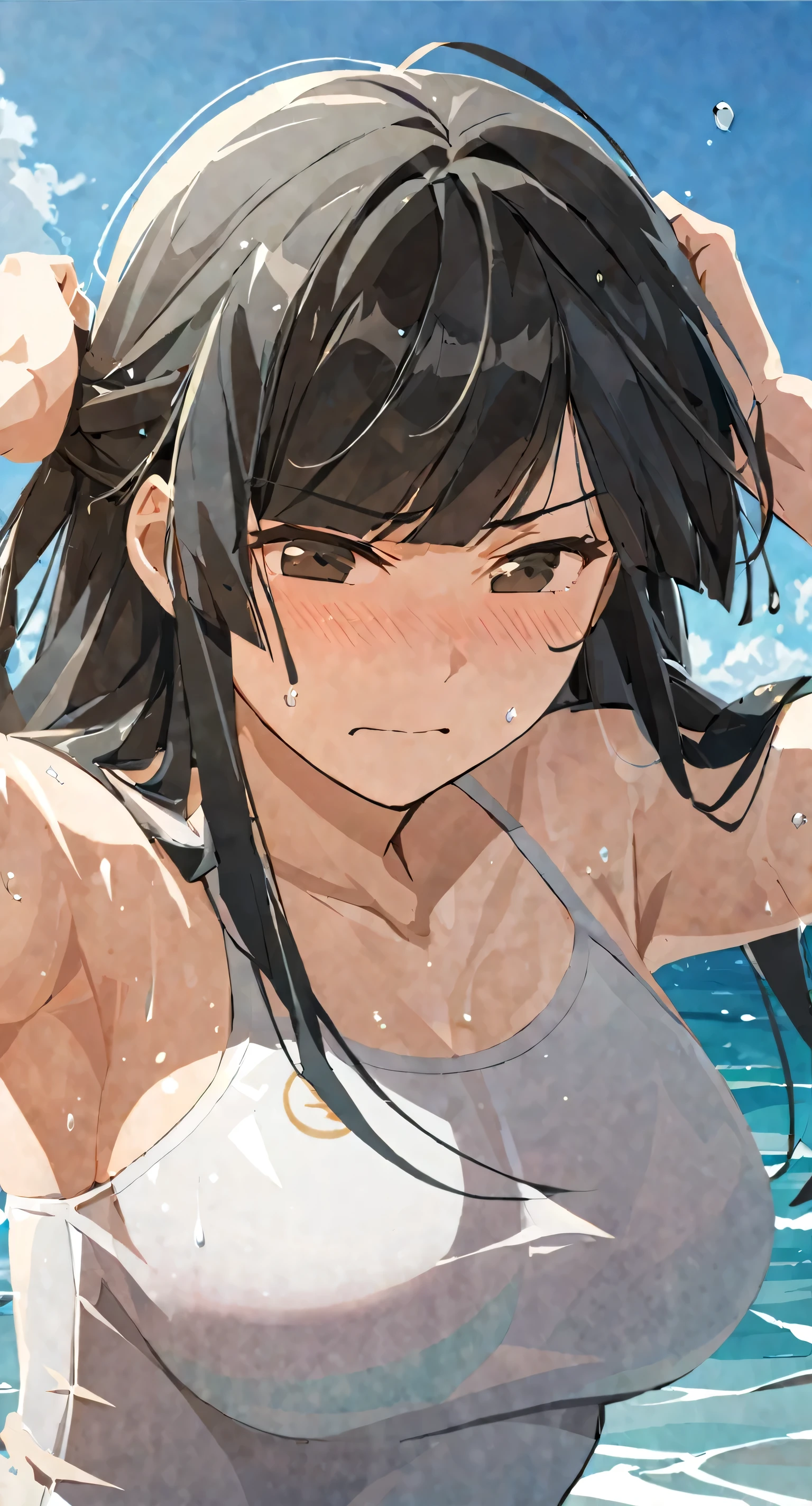 masterpiece,best quality, solo, eda, bangs, black hair, blue sky,cloud, shy expression, blushing expression, embarrassed expression, medium breast, hot, thicc, she is grabing her chest, she is embarassed , she has a medium chest, she is wearing a gym outfit ,she is looking at you, closed mouth, cleavage, upper body , she is looking down on you, she is in the gym, she is working out, she is wearing sports bra, she is fit, she is looking at the viewer, upper body, dynamic pose, dinamic view angle, detailed, she is tying her hair, she is super shy, she is embarrassed, 