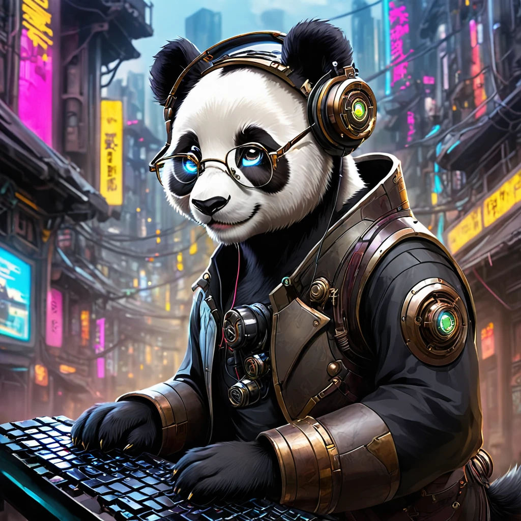 A panda, small ears，With tech headphones，cyberpunk city backgroundGiant panda with round eyes, holding keyboard and wearing glasses, steampunk city background,