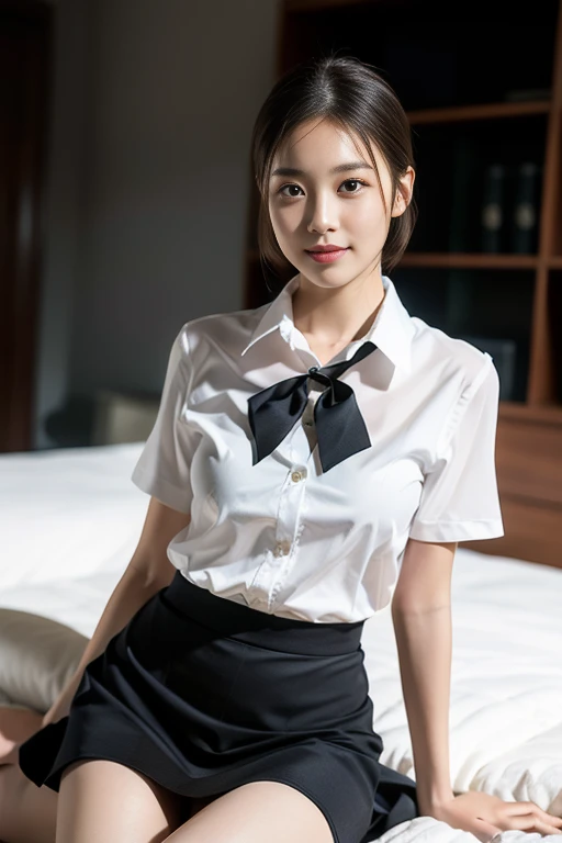 ​((masterpiece, Better Quality, hight resolution, Photorealsitic:1.4, Raw photography, high quality image)), ((portrait:1.2)), 1Milf sitting on bedside, (wearing white short callored shirts, wearing black pencil skirt, black stocking, neckerchief), curvy shape:0.5, very detailed and professional lighting, (cute facial expressions),