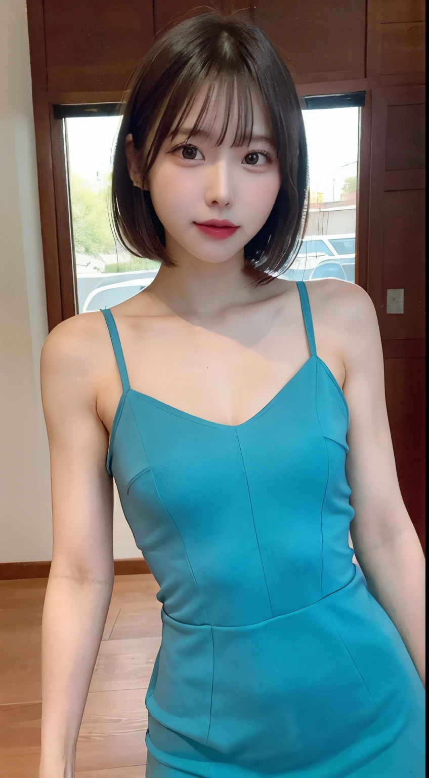 ((Best Quality, 8K, Masterpiece: 1.3)), 1 Girl, Slim Abs Beauty: 1.3, (Hairstyle Brown Hair Shortcut, Big: 1.2), Dress: 1.1, Super Slender Face, Delicate Eyes, Double Eyelids, Smile, Home, Raw Photo
