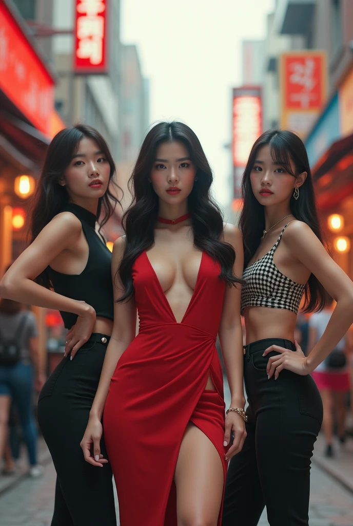 3girls breasts((cool expresion)), steampunk gang potrait medium shoot foto, A young tall sexy body korea female, wearing sexy croptop steampunk outfit, outdoor background broken city. and 5girl crew, selfie photo,big breast, white skin.