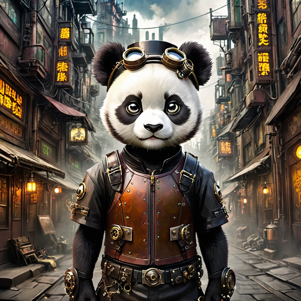 A panda, small ears，round eyes,  steampunk city background,Punk style background