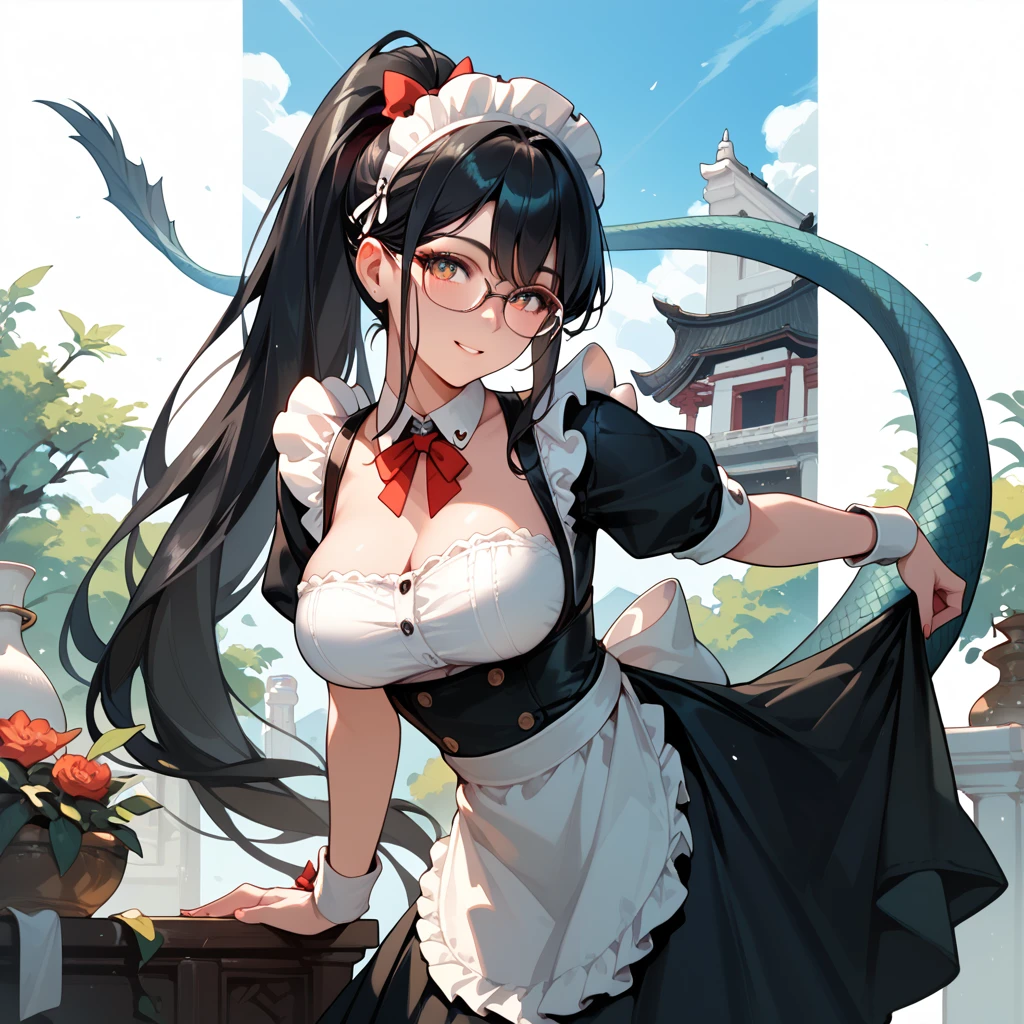 Black Hair,  long hair, ponytail,Glasses,scale,wing,Tail,Lizard, big breasts at the temple, maid clothes,Square.squirt