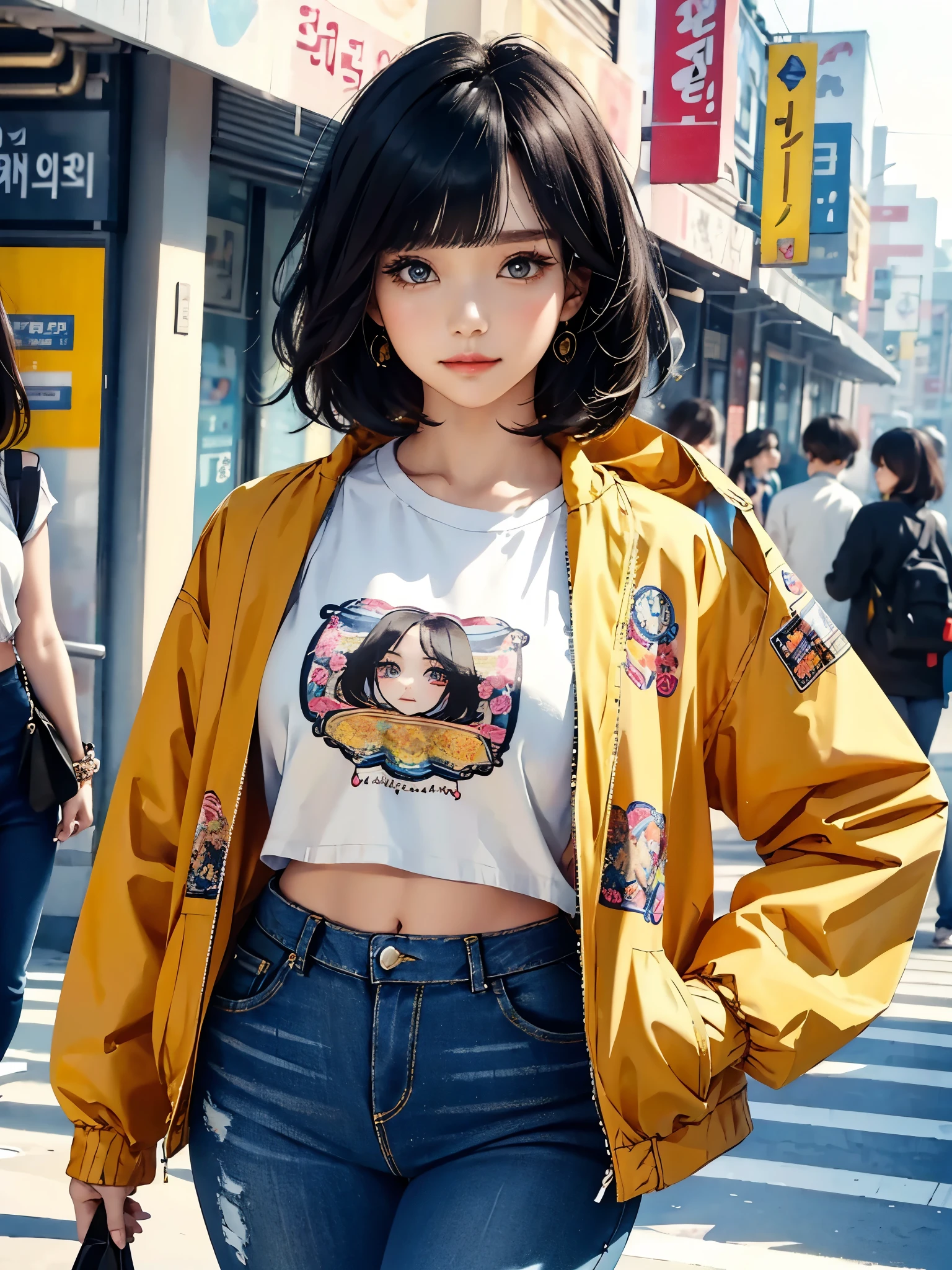 (masterpiece, best quality), beautiful woman, cute printed cropped shirt, jacket, jeans, short wavy hair, headband, asymmetrical bangs, perfect face, beautiful face, alluring, big gorgeous eyes, soft smile, perfect slim fit body, city streets, seoul, bright colors