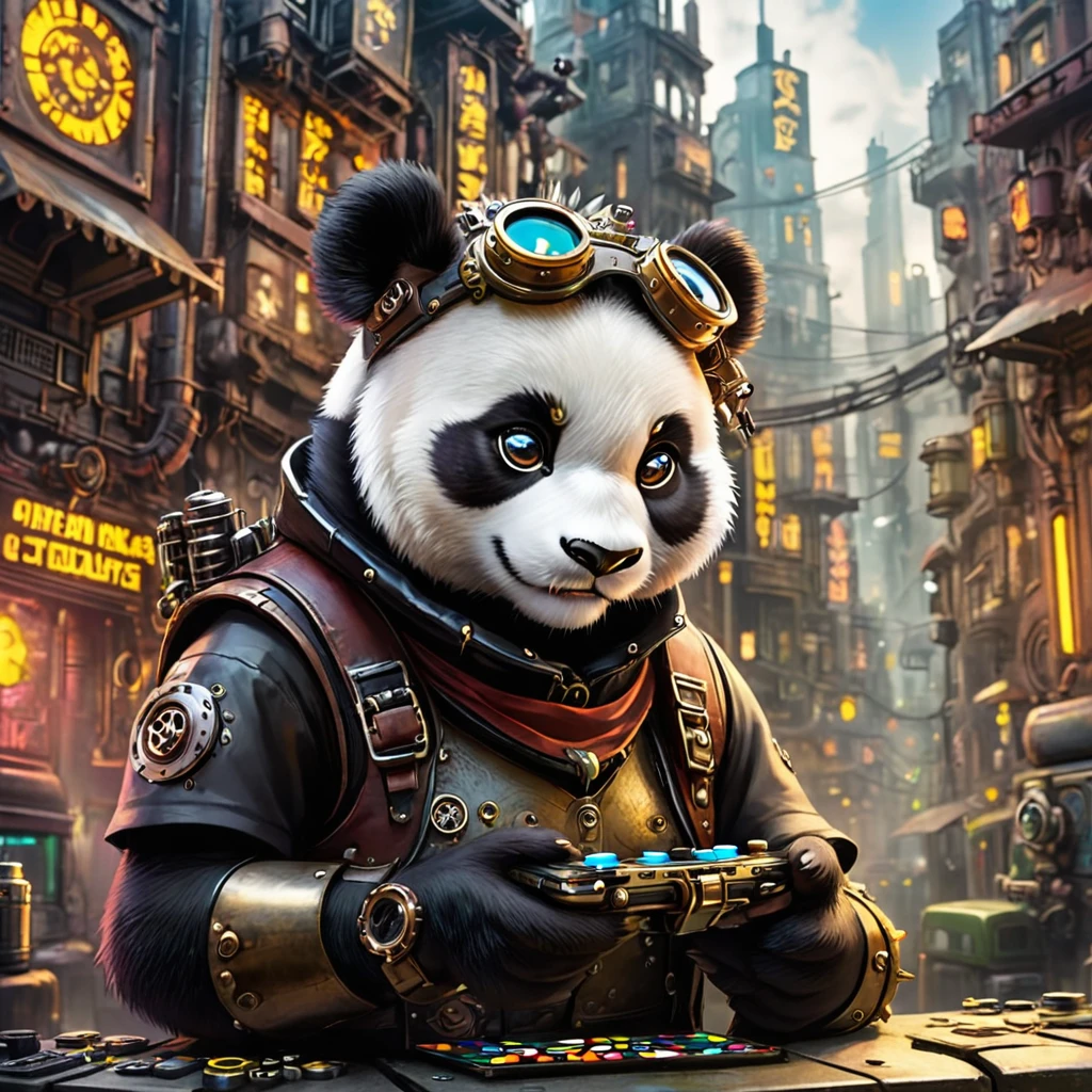 A panda, small ears，round eyes,  Playing games，steampunk city background,Punk style background