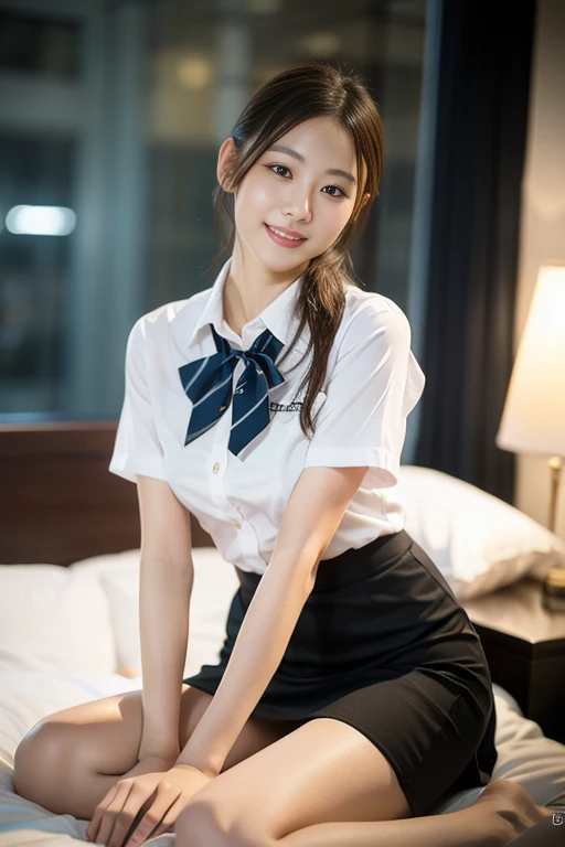 (A stunning Korean lady at night, sitting in dimly-lit bedroom, wearing a traditional Serafuku, High-school uniform, JK uniform, white button-down blouse, translucent short sleeves, plaid skirt, red bow-tie, 

Smooth complexion, beautiful detailed face, beautiful detailed eyes and lips, long eyelashes, slender figure, perfect body proportion, friendly expression, snaggle-tooth, cute dimples, kind smile, short hair, side ponytail, bob hair, confident & poised demeanor, youthful charms, Looking at viewer,

Blurred background, Bokeh effect. (best quality,4k,8k,highres), (masterpiece:1.28),ultra-detailed,(realistic,photorealistic,photo-realistic:1.37),
HDR,UHD,studio lighting,ultra-fine painting,
sharp focus,physically-based rendering,extreme detail description,professional,vivid colors, SFW, Safe for Work, Close-up Shot, High Angle Shot, head to knee,)