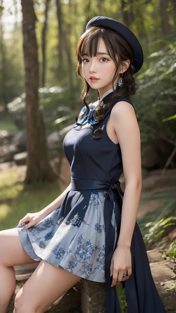    alone ， brown hair   ,    Pale Skin   ,  Bow and Arrow,  with sapphire eyes   ,  bow adorned   with dark blue flowers and wide    {ten个}   装饰 with dark blue flowers and wide  {ten}  wearing a blue dress with black decorations  ,   A woman with low top   , Blue Ribbon,    with dark blue flowers and wide    , Wide-brimmed hat  ，thigh