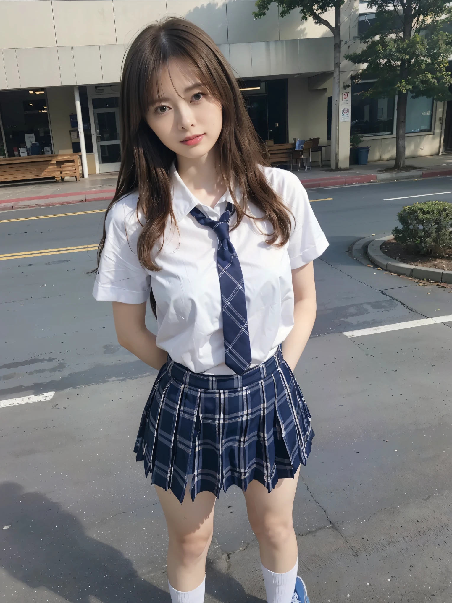 女の子1 person、(8k、 RAW Photos、Best Quality、Highest quality、 masterpiece:1.2)、( real、 real)、1 person、( medium hair、White shirt、Navy blue tie、Breast enlargement、blue plaid mini short skirt、Thin legs、( loose socks 、 is wearing sneakers:1,1、 standing facing the front、 looking at camera 、School grounds、( stand with your hands on your lower back,Standing posture:1,2))、 cute、Show me your whole body、