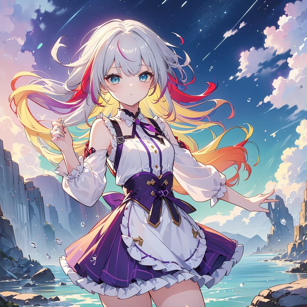 1.5),( 1 girl),( dynamic pose),(multicoloRed Hair+ silver hair:1.3+Red Hair:1.2+Purple Hair+Blonde:1.3+ green hair:1.3),( blue eyes ),( neck ribbon),(floating),(cloud),(Too many drops of water),(evening),(watercolor),( wide shot)