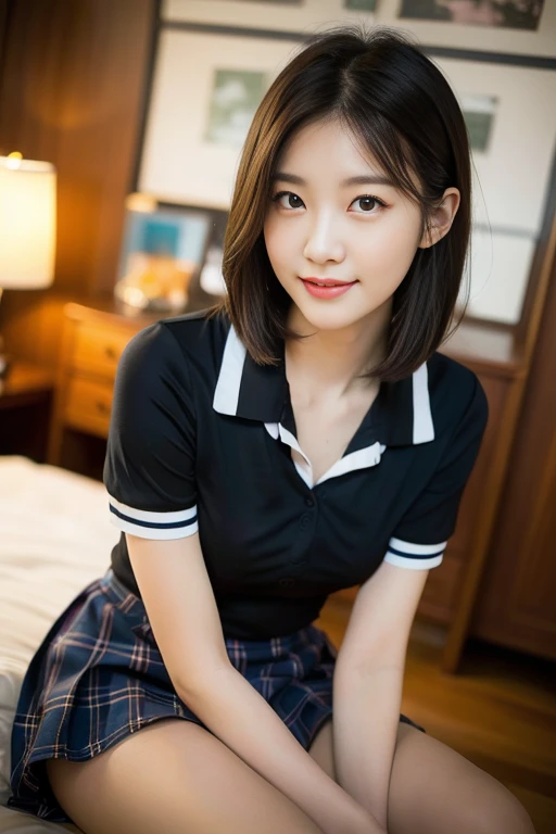 (A stunning Korean lady at night, sitting in dimly-lit bedroom, wearing a traditional Serafuku, Seifuku,  High-school uniform, JK uniform, white button-down blouse, translucent short sleeves, plaid skirt, red bow-tie, 

Smooth complexion, beautiful detailed face, beautiful detailed eyes and lips, long eyelashes, slender figure, perfect body proportion, friendly expression, snaggle-tooth, cute dimples, kind smile, short hair, side ponytail, bob hair, confident & poised demeanor, youthful charms, Looking at viewer,

Blurred background, Bokeh effect. (best quality,4k,8k,highres), (masterpiece:1.28),ultra-detailed,(realistic,photorealistic,photo-realistic:1.37),
HDR,UHD,studio lighting,ultra-fine painting,
sharp focus,physically-based rendering,extreme detail description,professional,vivid colors, SFW, Safe for Work, Close-up Shot, High Angle Shot, head to knee,)